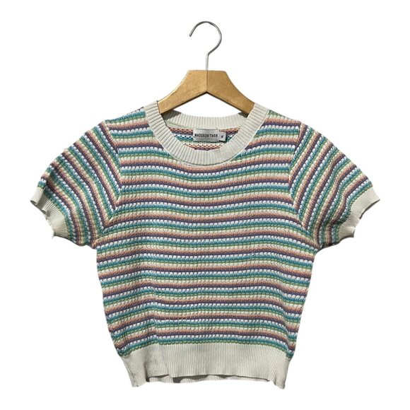 Madison Tash Multicolor Knit Striped Short Sleeve Sweater Top XL - Picture 2 of 6